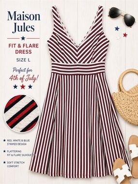 Maison Jules Fit & Flare Dress L Red White Blue Striped V Neck Patriotic Summer
